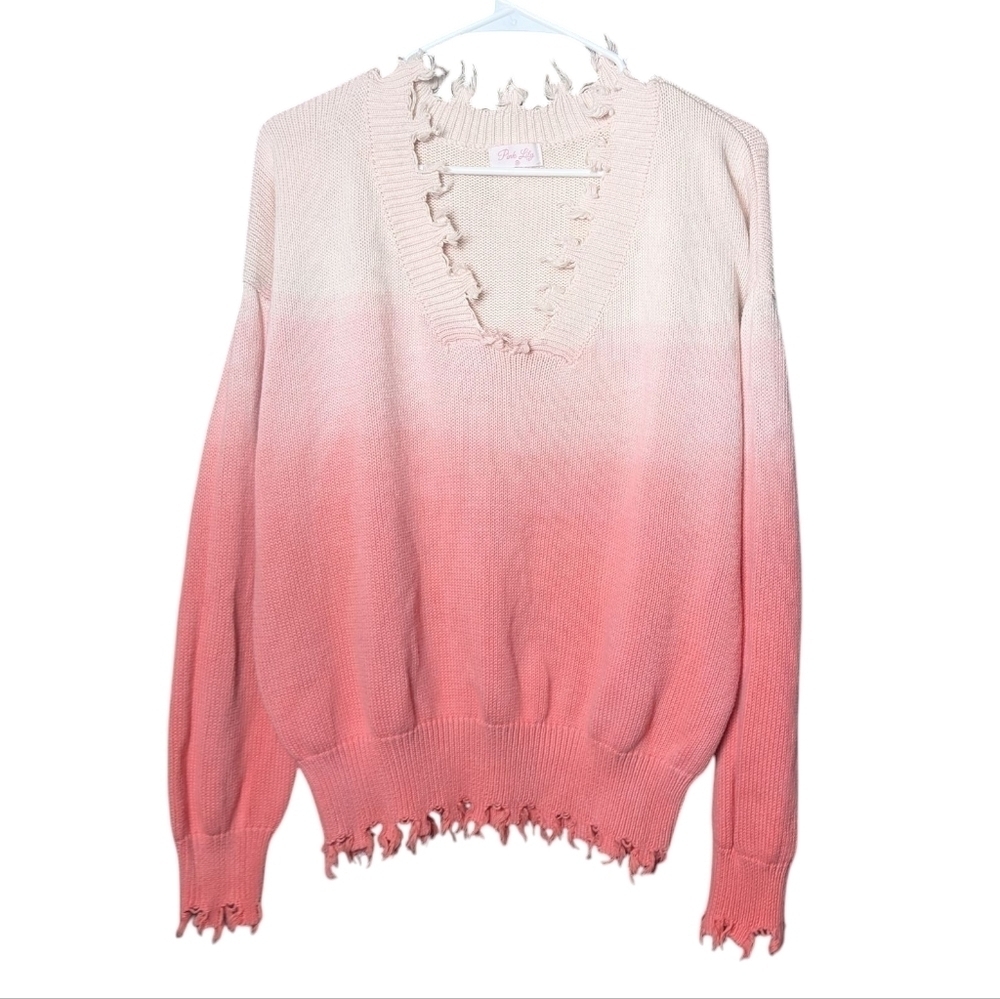 Pink Lily Ombre Rose Cream Frayed Hem Sweater Women's M Drop Shoulder V Neck EUC